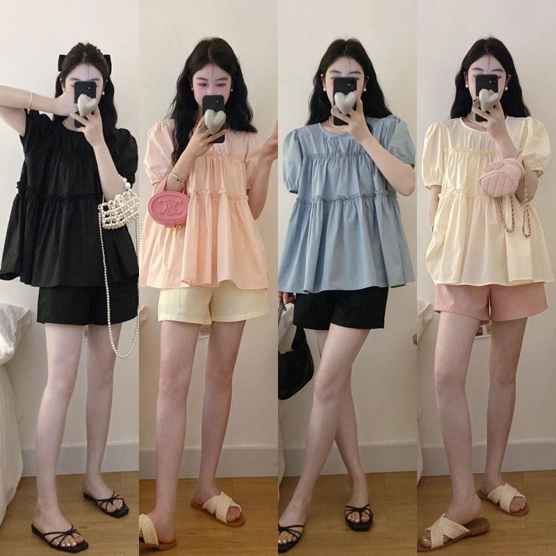 🌵Grace_chili🌵 เสื้อเชิ้ตแขนสั้นคอกลมจีบแฟชั่นสตรี ทรงหลวม สไตล์เอไลน์ เสื้อเชิ้ตแขนตุ๊กตา W630