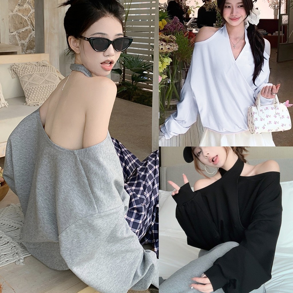 เสื้อแขนยาวคล้องคอโชว์ไหล่ ผ้าคอตตอนหนานุ่ม ใส่สบายมาก ด้านหน้าแต่งแหวก  เก๋ๆ แต่งโชว์หลัง แนวเกาหลี