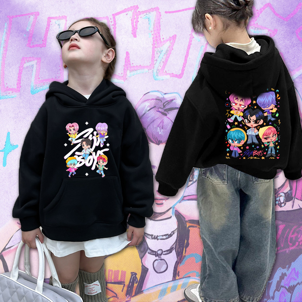 Hoodie สำหรับเด็กชายและเด็กหญิง ขนาด 100-160 ซม. แบบไอดอล KPop Demon Hunters Saja สีดำและสีขาว