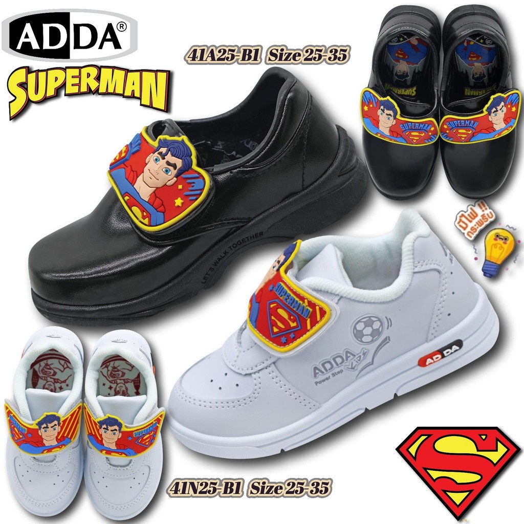 รองเท้านักเรียน ADDA รุ่น 41A25 และ 41N25 Superman ลิขสิทธิ์แท้สำหรับเด็กชาย มีไฟกระพริบ เบอร์ 25-35