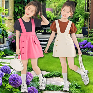 เดรสเด็กผู้หญิงใหม่ สไตล์เกาหลี พ่วงเสื้อยืดแขนพัฟและเข็มขัด…