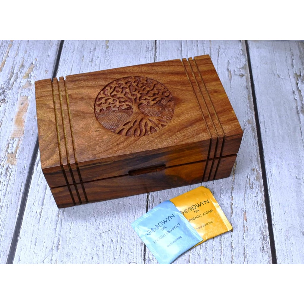 Wooden Tea Box - Tea Box for Tea Bags Organiser - Engraved Hardwood Tea Chest with 6 Compartments - 