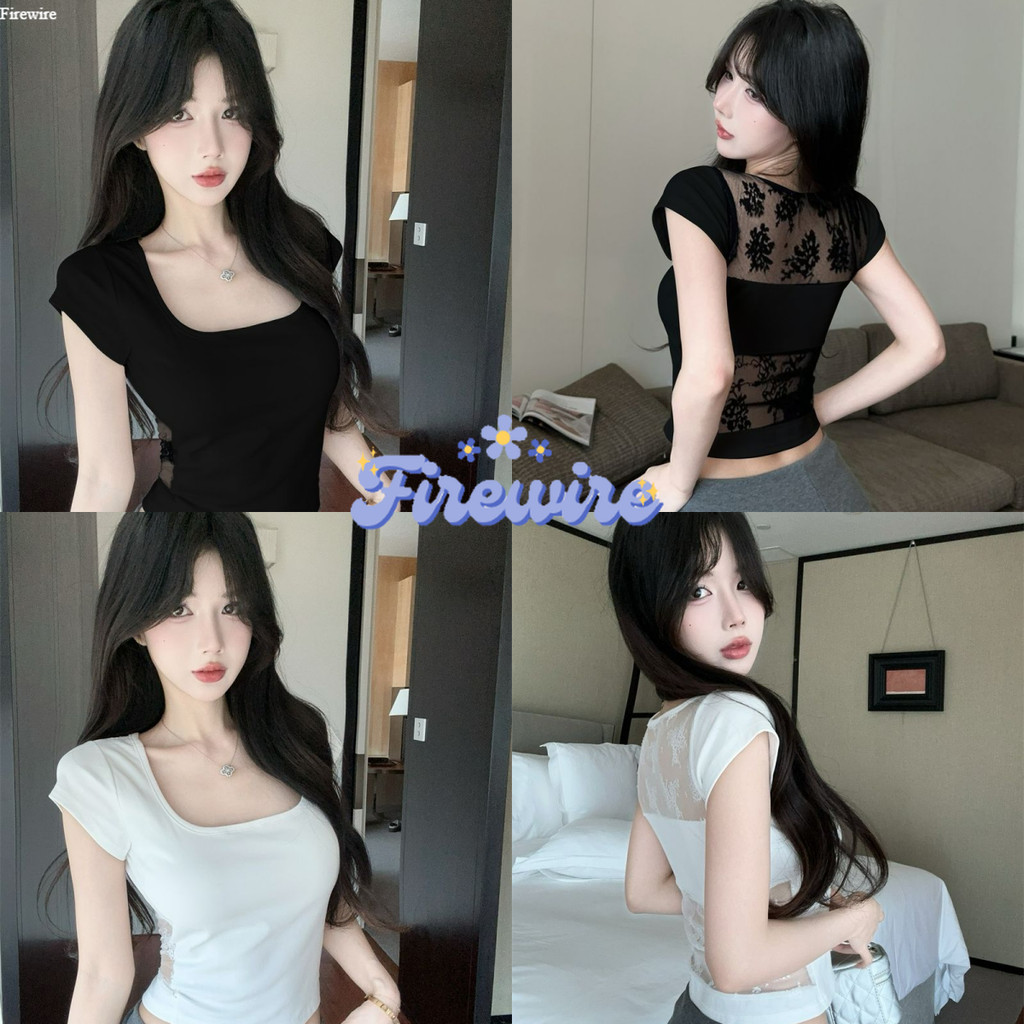 Firewire พร้อมส่ง เสื้อยืด สไตล์มินิมอล เสื้อยืดครอปแขนสั้น ดีเทลซีทรูลูกไม้ น่ารักไม่ไหวสีพื้น ใส่สบายมาก FYA17
