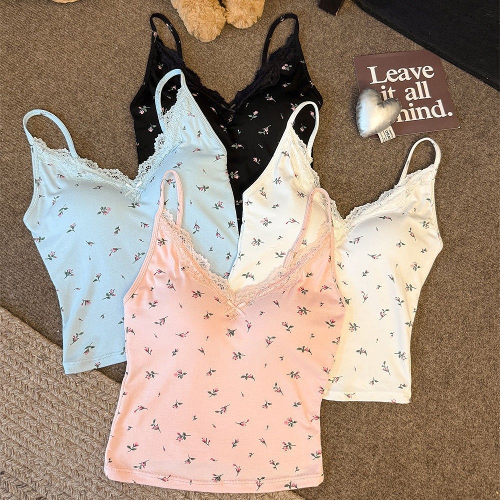 【WJZ】เสื้อกล้ามลูกไม้เย็บลายดอกไม้เซ็กซี่สำหรับผู้หญิงเกาหลี (มีแผ่นเสริมหน้าอก)【L6102】