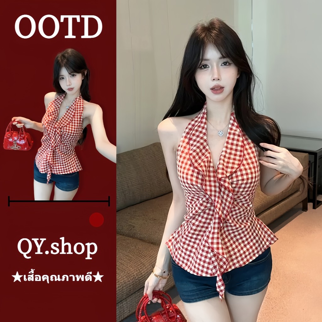 QY.Shop เสื้อยืดผู้หญิง  เสื้อคล้องคอ เว้าหลัง น่ารักมากๆ ลายสก็อตสีแดง สไตลืโคเรียมาก "FY2935"