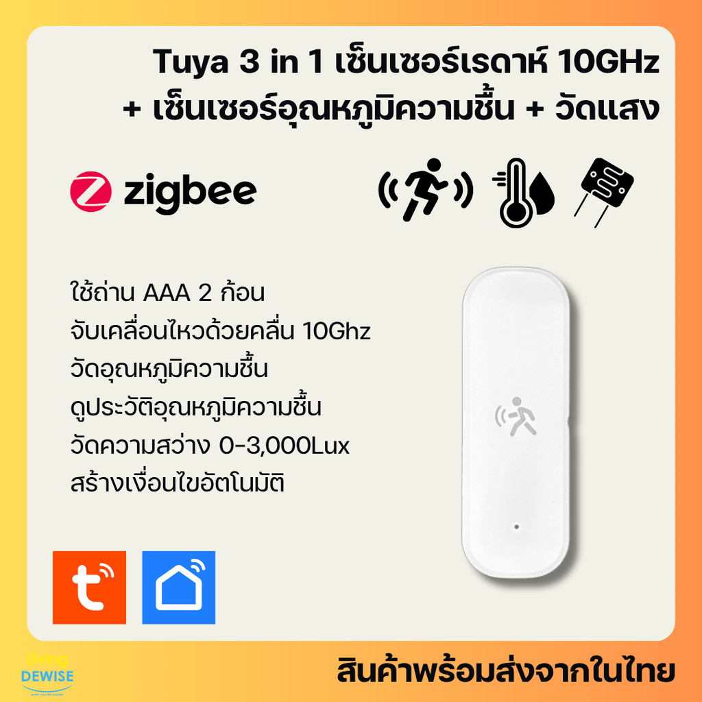 Tuya 3-in-1 เซ็นเซอร์เรดาห์ 10GHz Zigbee แบบใส่ถ่าน พร้อมเซ็นเซอร์วัดแสง อุณหภูมิ ความชื้น (ZG-204ZT)
