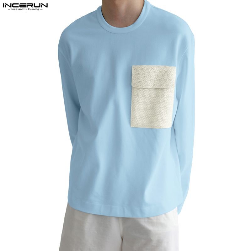 ไม่แน่นอน ผู้ชายเกาหลีลําลองคอกลมแขนยาวคมชัดกระเป๋าออกแบบเสื้อยืดหลวม