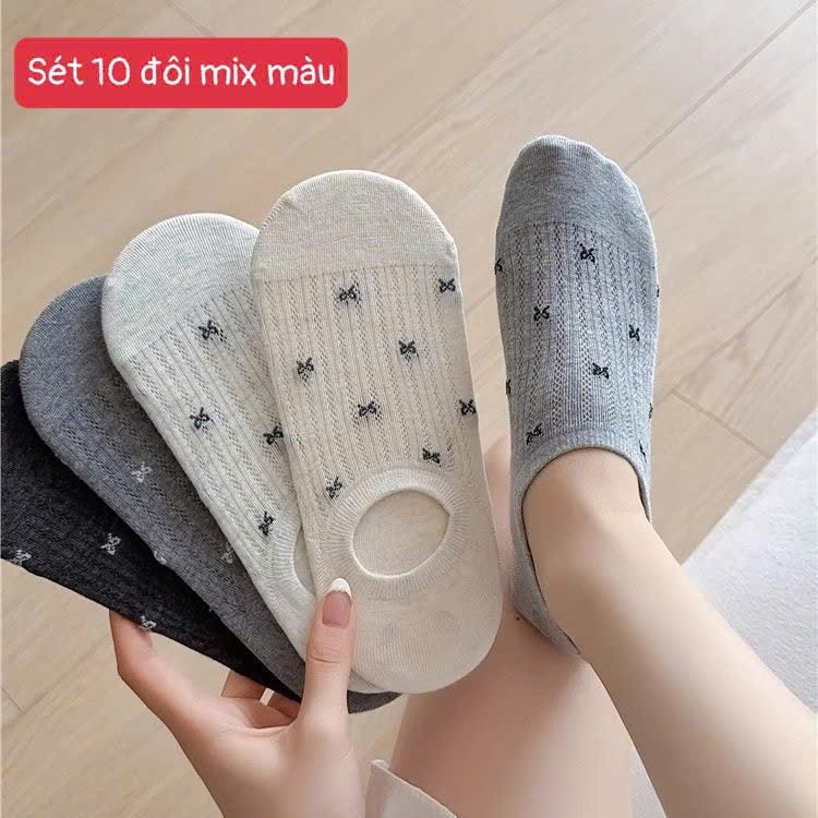 ชุด 10 คู่ผู้หญิงถุงเท้าต่ําตัดลายโบว์น่ารักระบายอากาศถุงเท้าตาข่ายดูดซับเหงื่อ- azstore247