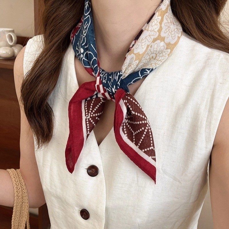 Niche Triangle Silk Scarf Retro Cotton Linen Ladies Square Scarf