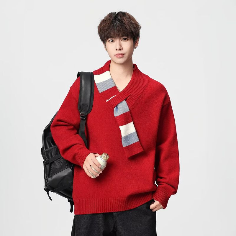 เอร์เชนชิ เสื้อไหมพรมคอวี สไตล์หรูหรา มาพร้อมผ้าพันคอ สำหรับทั้งผู้ชายและผู้หญิง สวมใส่สบาย อุ่นแต่ระบายอากาศได้ดี เหมาะกับฤดูใบไม้ร่วง