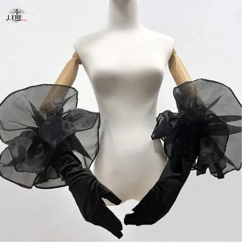 JEREMY1 Ruffles กํามะหยี่ Mittens, Elegant ยืดหยุ่นถุงมือยาว,แฟชั่น Organza ดอกไม้สีทึบ Full Finger 