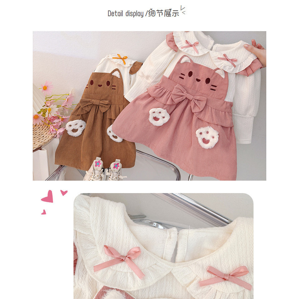 ชุดเด็กแบบเกาหลียอดนิยมสำหรับฤดูใบไม้ร่วง ดีไซน์น่ารักเหมือนหมี มีเสี้ยนปลอมที่รอบคอ และมาพร้อมกระโปรง - รูปที่ 3