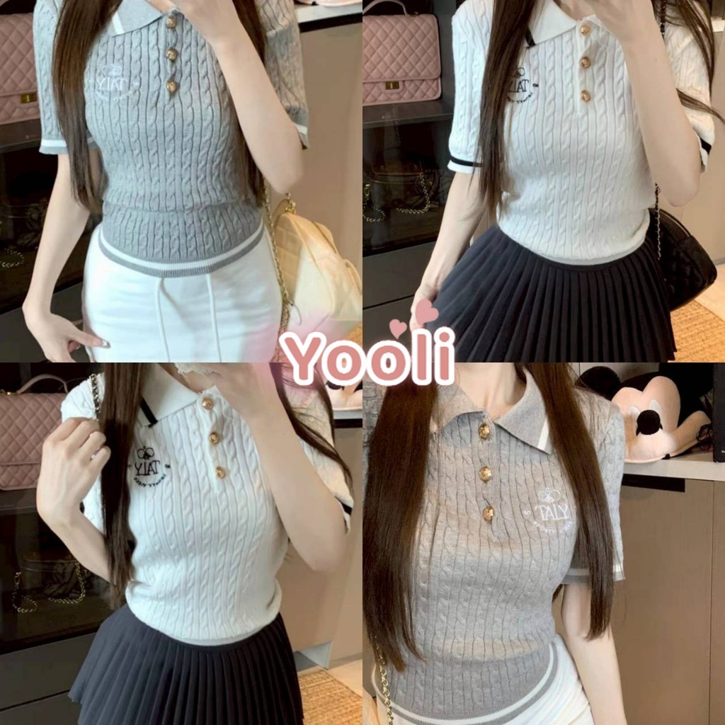 พร้อมส่ง【เสื้อยืดคอปกแขนสั้น】ไหมพรม แขนสั้น เรียบหรู สีพื้นยืดพอดี สื้อยืดผู้หญิง - W-K073