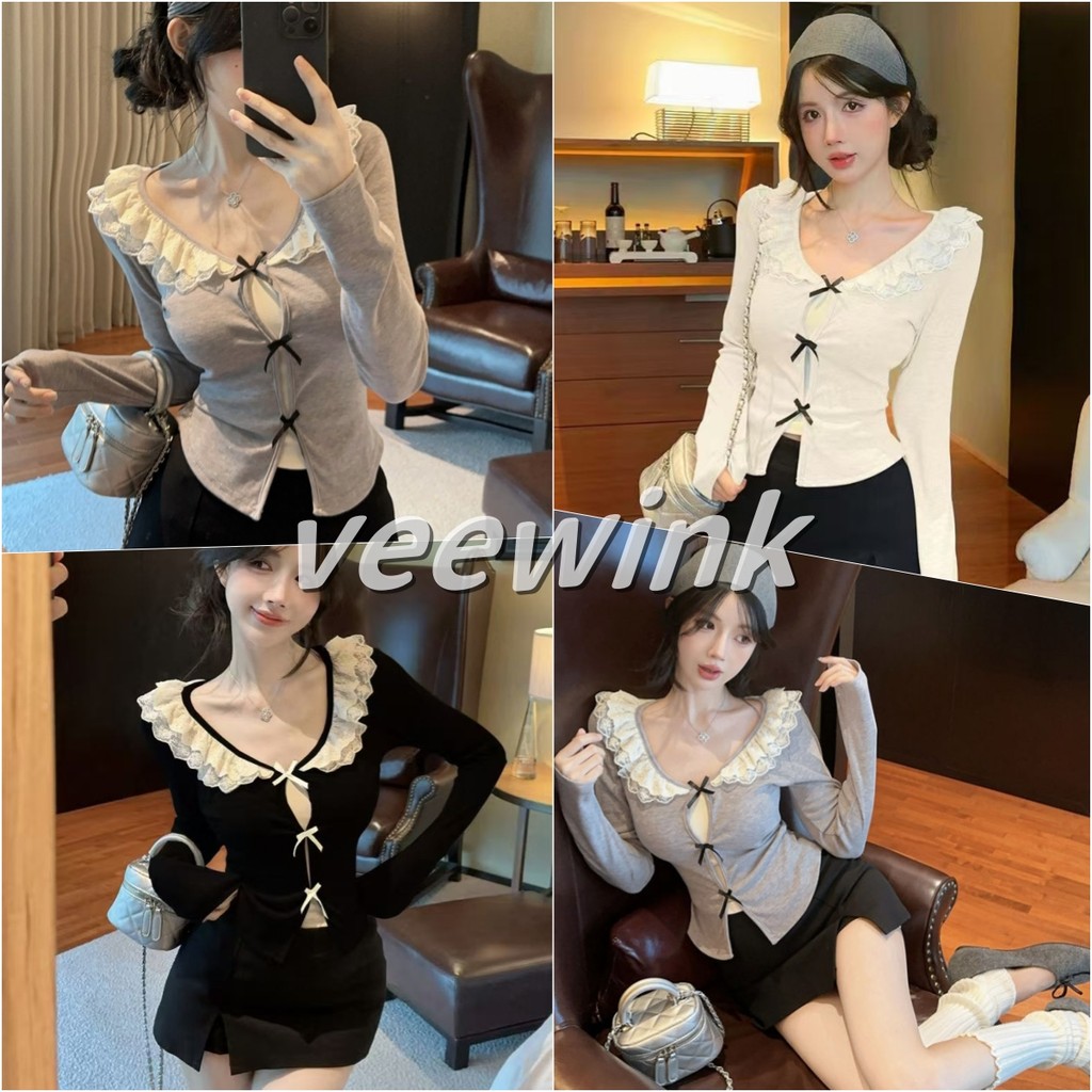 Veewink ​​เสื้อสไตล์ฝรั่งเศส สีตัดกัน คอวีลายลูกไม้ ทรงไม่สมมาตร กระชับเอว