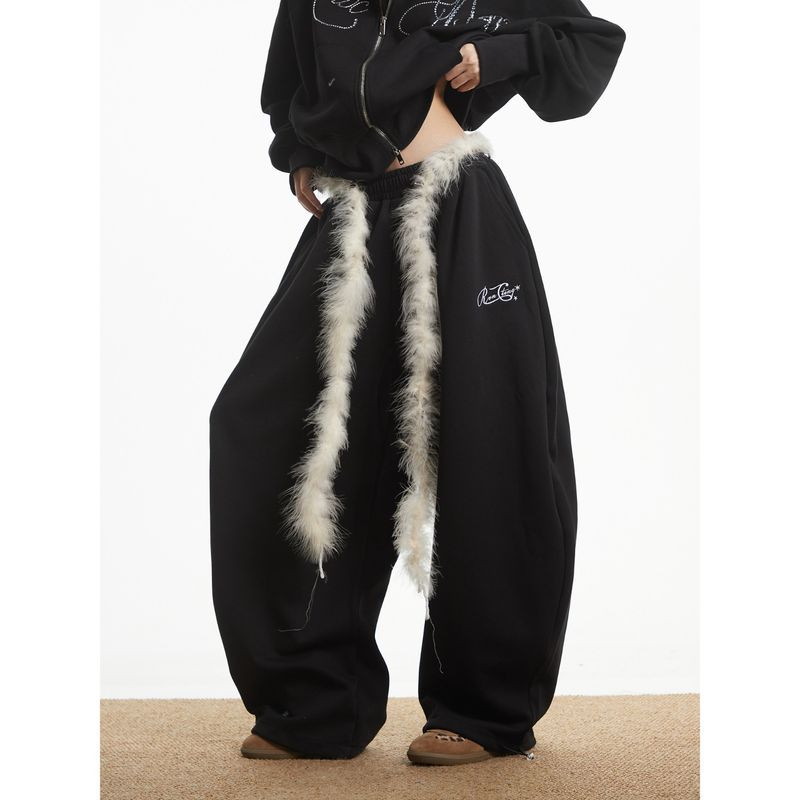 TIANLESIWEI ขนาดใหญ่ Faux Fur Trim Sweatpants พร้อมเข็มขัดเอวและผ่อนคลาย Fit สําหรับ Streetwear สไตล