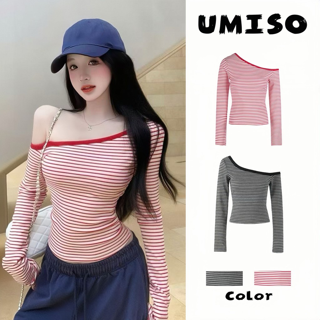 พร้อมส่ง สไตล์เกาหลี เสื้อยืดแขนยาวปาดไหล่ลายทางสีตัดกัน เสื้อครอปรัดรูปสุดฮอตหวานแหวว 2สี UMISO