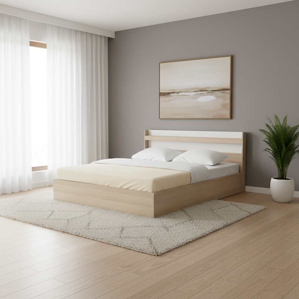 Furinbox เตียงนอน รุ่นแชมป์ ขนาด 5 ฟุต – สีไลท์ วู้ด/ขาว