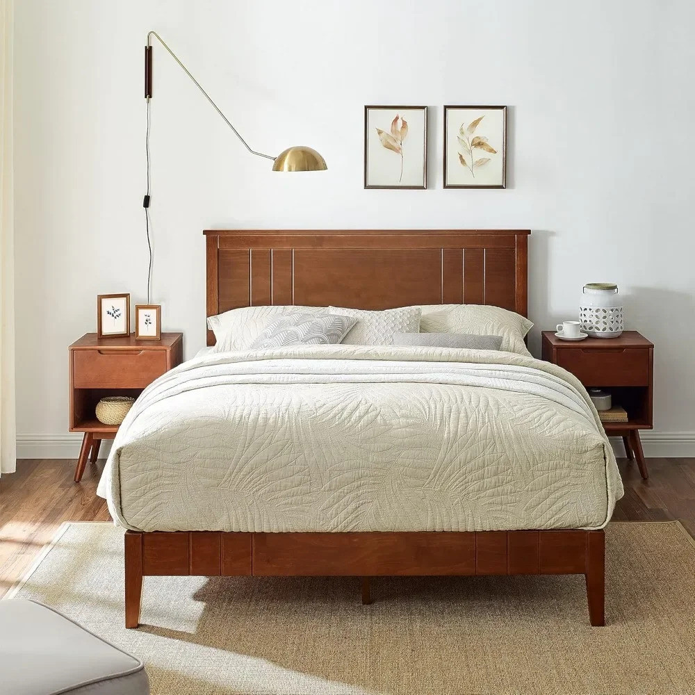 Mid-century Modern Solid Wooden Platform Bed With Adjustable Height Headboard สําหรับห้องนอน,king Si