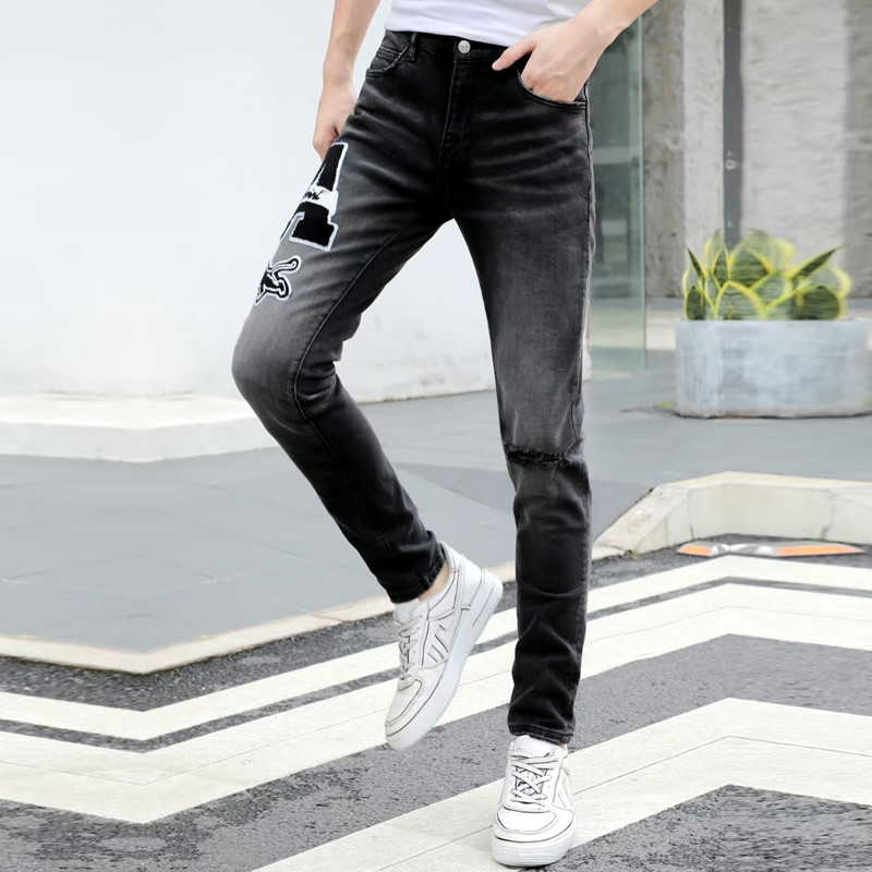 กางเกงยีนส์ AMIRI สไตล์Slim-fit ปักเข่า สำหรับผู้ชาย สไตล์Street Wear