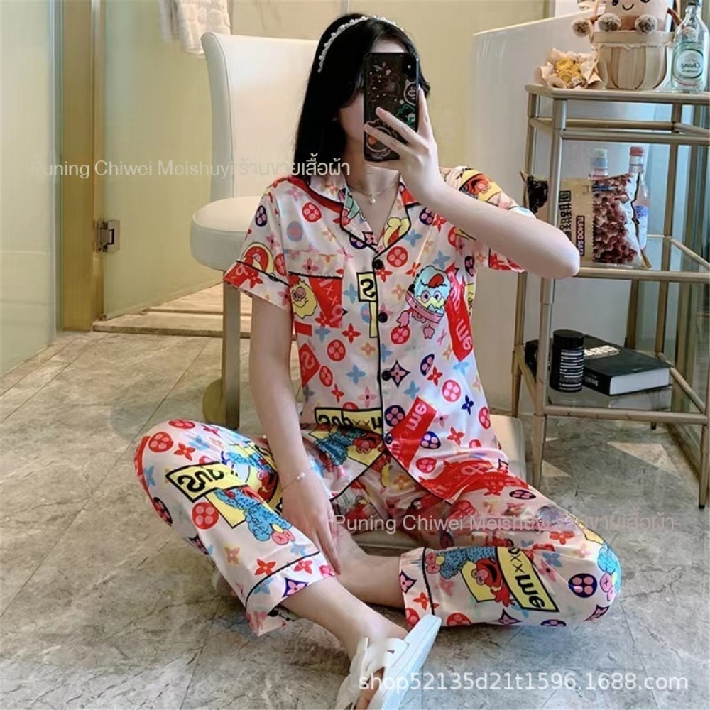 ผ้าไหมเทียมเสื้อสเวตเตอร์ถักชุดนอนสตรีแขนสั้นกางเกงผ้าไหมน้ําแข็งสวมใส่ชุดสั้นยาวเสื้อสเวตเตอร์ถัก 2