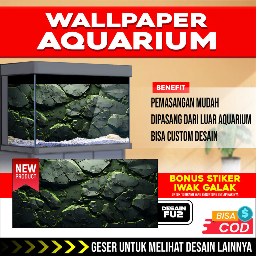 3D REAR AQUARIUM BACKGROUND สติ๊กเกอร์ติดผนังพร้อมหิน รูปภาพ FU2