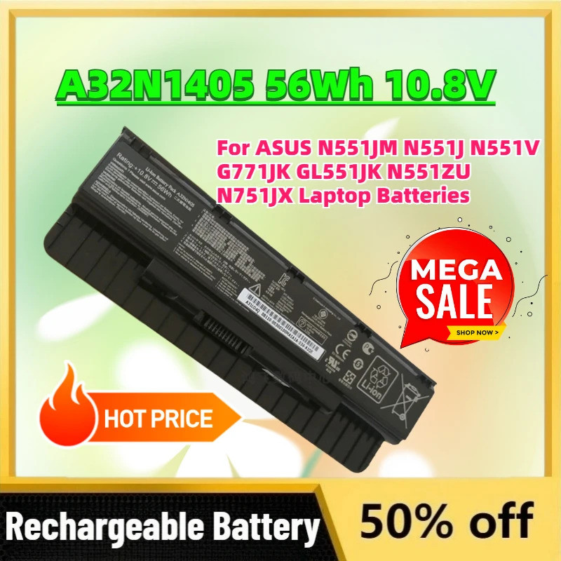 ในสต็อกใหม่ A32N1405 56Wh 10.8V เปลี่ยนแบตเตอรี่สําหรับ ASUS N551JM N551J N551V G771JK GL551JK N551Z