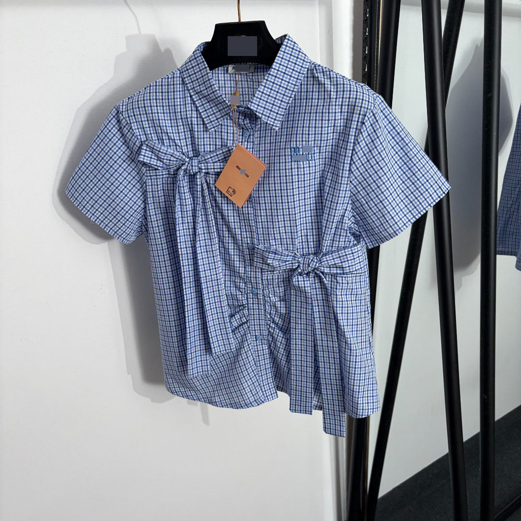 M1u Temperament Slim-fit High-End Wear น่ารักปักตัวอักษร Bowknot Checked สั้น-