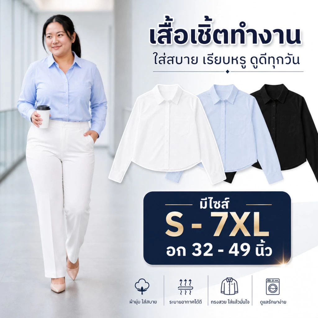 Chic พร้อมส่ง เสื้อเชิ้ตแขนยาว s-5xlคอปก งานรัดรูป ผ้าคัตตอล แฟชั่นสไตล์สาวเกาหลี