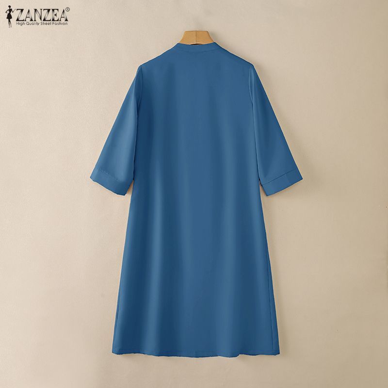 ZANZEA ผู้หญิงเกาหลีวินเทจลําลองขาตั้ง V คอ 3/4 แขนเดี่ยวปักพิมพ์ A-Line Shirtdress — صورة 8