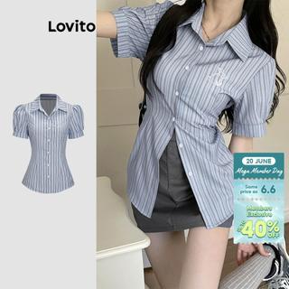 Lovito Casual Women Preppy Blouse Striped Embroidery Button Front Puff Sleeve Blouse L58AD035 (Blue)