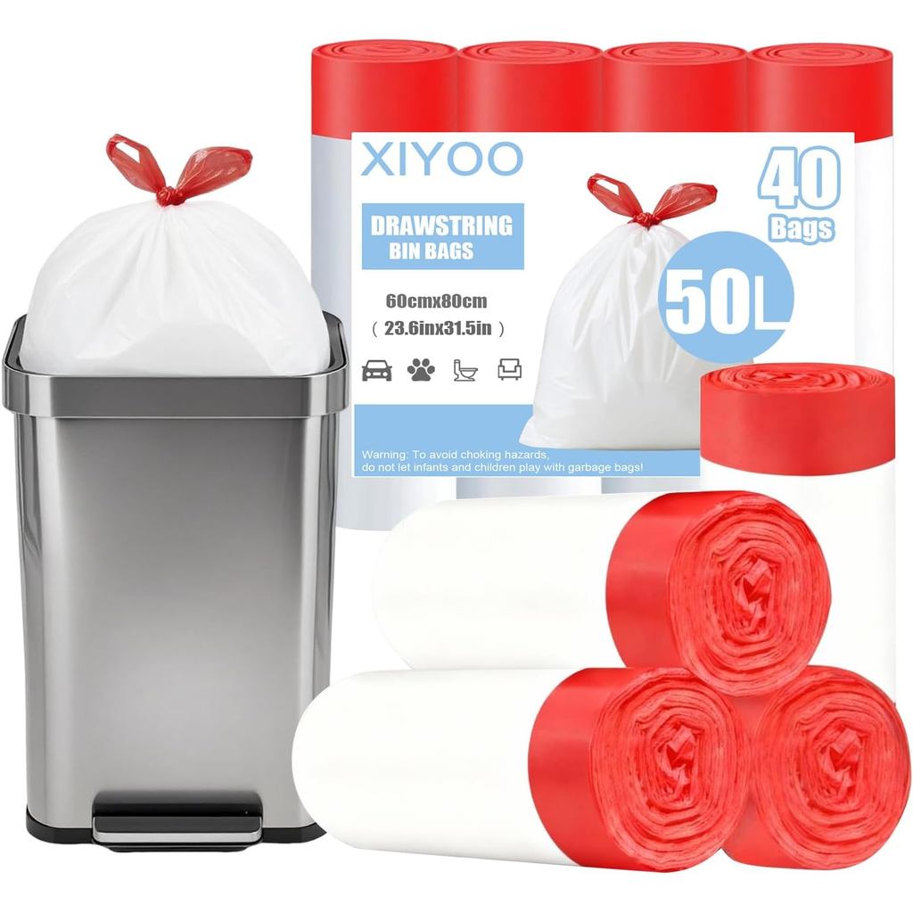 Swing Bin Liners 50l Bin กระเป๋า 40 นับ Rubbish กระเป๋า Drawstring Handles ถุงขยะพลาสติก Strong ถุงข