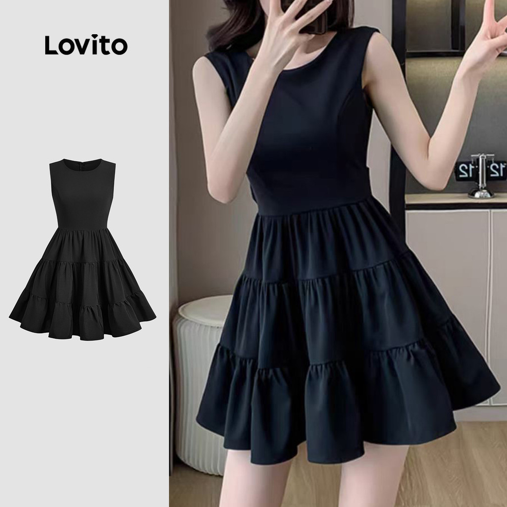 Lovito เดรสลำลองสำหรับใส่ทำงาน เดรสสีดำทรงคลาสสิกและใช้งานได้หลากหลาย ชายกระโปรงระบายเป็นชั้นๆ สำหรับฤดูใบไม้ผลิ/ฤดูร้อน สำหรับผู้หญิง L142ED206