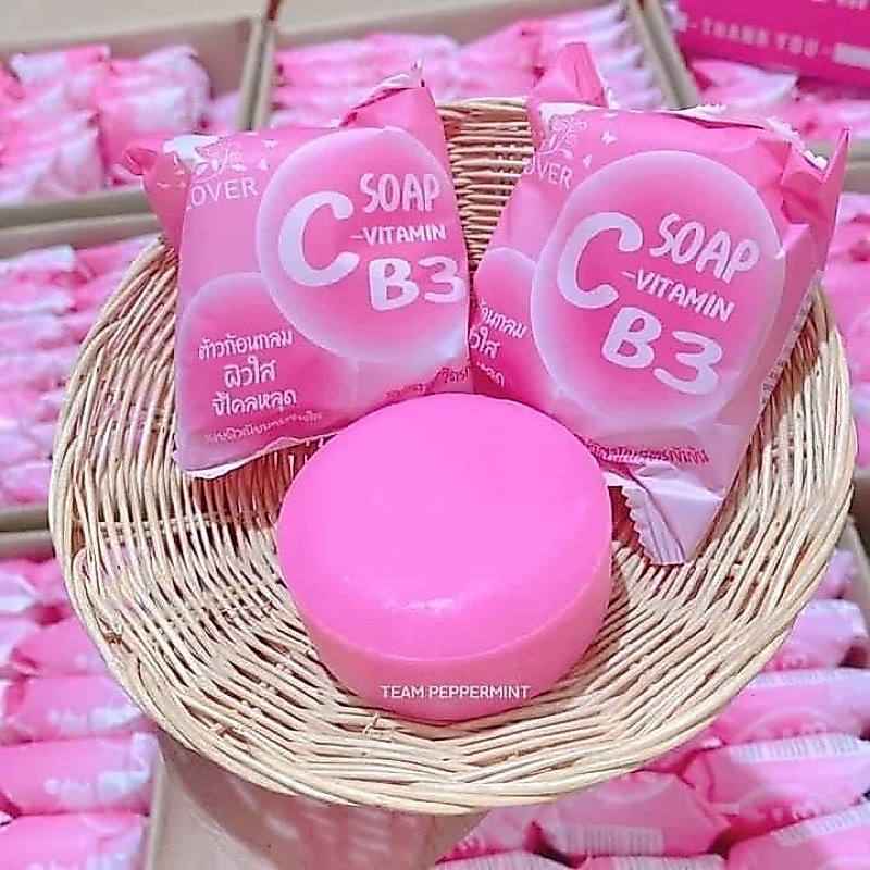 สบู่วิตามิน ฟอกตัว Clover โคลเวอร์ มีวิตามินC&B3 สบู่ชมพู ขัดขี้ไคล เผยผิวกระจ่างใสขาว เติมความชุ่มชื่นให้ผิว