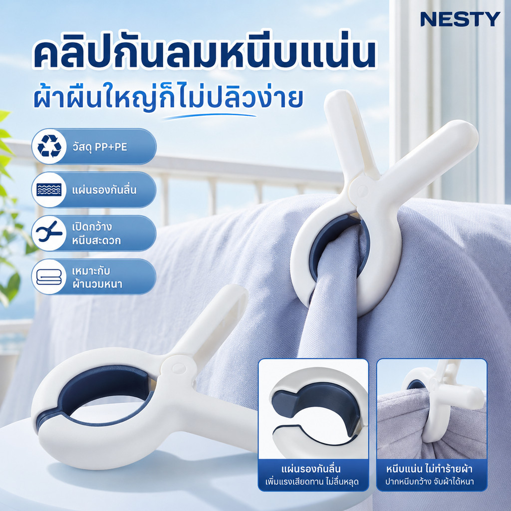 NESTคลิปหนีบผ้ากันลมไซส์ใหญ่ สำหรับผ้านวม ผ้าห่ม และเสื้อผ้า PP+PE ใช้ได้กับราวผ้าเตียง COD