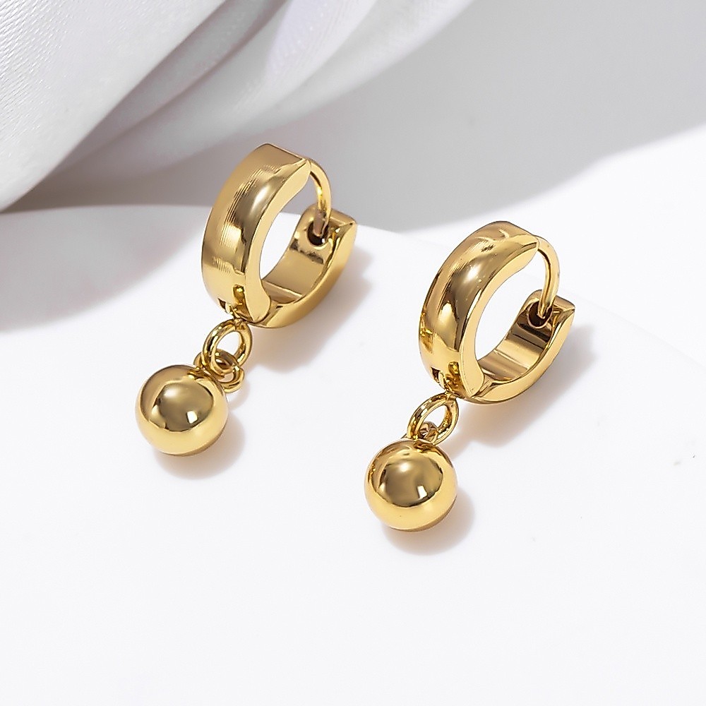 ขายร้อนยอดนิยม 18K Gold Plated Circle Ball Hoop Dagnle ต่างหูสแตนเลส Drop Dangle ต่างหูผู้หญิงเด็กแฟชั่นเครื่องประดับ
