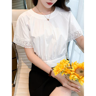Red Berry เสื้อแขนสั้นผู้หญิง แต่งโบว์ผูกเอว ช่วยเน้นสัดส่วน แต่งลูกไม้ฉลุลายค่ะ W731