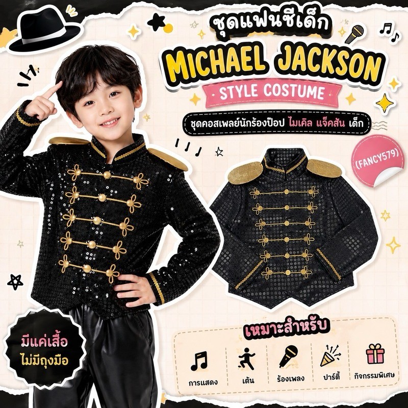 ชุดแฟนซีเด็ก Michael Jackson Style Costume ชุดคอสเพลย์นักร้องป๊อป ไมเคิลแจ็คสัน