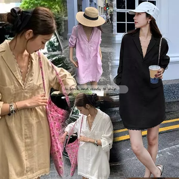 MIMI เดรสเชิ้ตตัดต่อลูกไม้คอวีตัวใหญ่ แขนยาว สีขาว ดูดีสุดๆ เสื้อผ้าแฟชั่น ทรงตรงหลวมๆ สำหรับผู้หญิง#W520