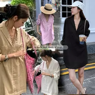 MIMI เดรสเชิ้ตตัดต่อลูกไม้คอวีตัวใหญ่ แขนยาว สีขาว ดูดีสุดๆ เสื้อผ้าแฟชั่น ทรงตรงหลวมๆ สำหรับผู้หญิง#W520