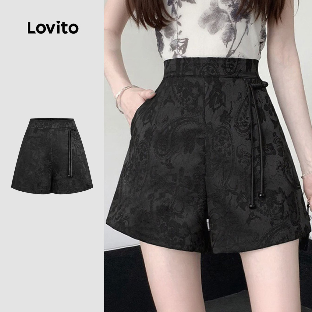 Lovito  กางเกงขาสั้นสีดําสไตล์จีนใหม่สําหรับฤดูร้อนฤดูใบไม้ผลิ Qipao ลายหนาม L173AD297