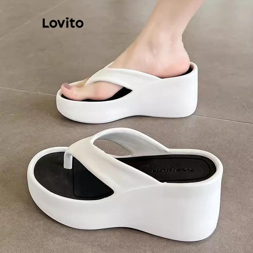 (แคชชวล) Lovito สีพื้นFlip Flops แฟชั่น Wedge พื้นหนาเพิ่มความสูง Anti Slip Wear ภายนอกรองเท้าแตะแบนสําหรับผู้หญิง LFA62266