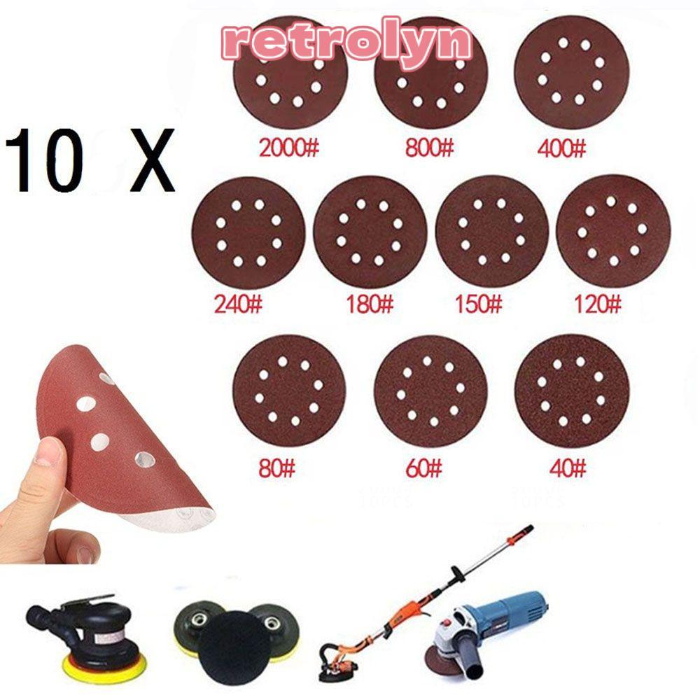 RETROLYN 10PCS กระดาษทรายแห้งออกไซด์ Flocking 5 นิ้ว 8 หลุมแผ่นขัดทดแทน