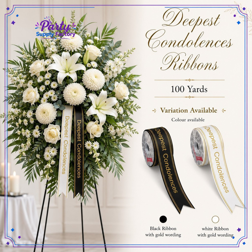 100YARDS CONDOLENCES RIBBON GOLD LINE 丝带 PP 3.8 ซม. 宽度 100码 ( 1 ม้วน - 100 YARDS / 98 เมตร )
