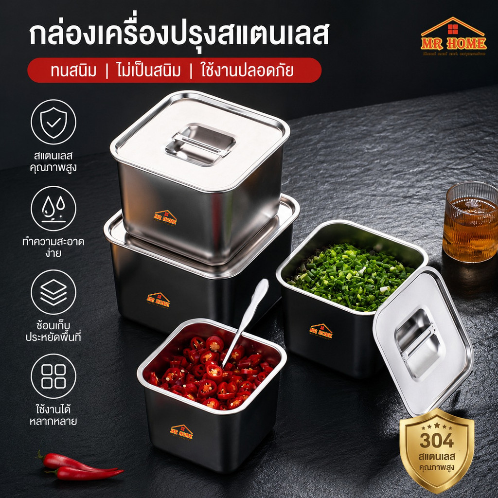 โถเครื่องปรุงสแตนเลส ฝาปิดแบบมีช่อง ถาดใส่ท๊อปปิ้งพร้อมฝาผิด กล่องอาหารสแตนเลส ทรงสี่เหลี่ยม สำหรับใส่เครื่องปรุงรส