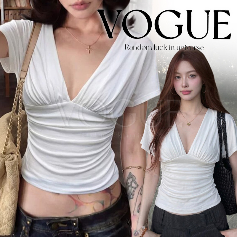 Vogue🌟พร้อมส่ง🌟 เสื้อยืดแขนกุดคอวีสีขาวดีไซน์เกาหลี ฤดูร้อนสไตล์เรียบง่าย ผ้ายืดนุ่มเข้ารูป (2371)