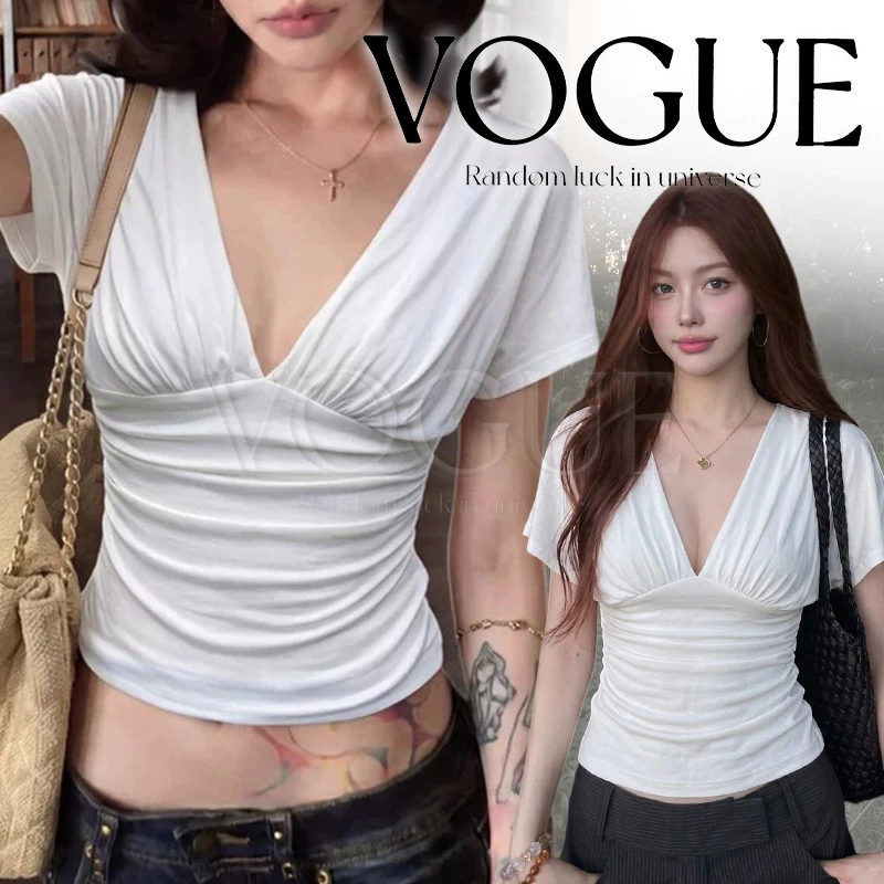 Vogue🌟พร้อมส่ง🌟 เสื้อยืดแขนกุดคอวีสีขาวดีไซน์เกาหลี ฤดูร้อนสไตล์เรียบง่าย ผ้ายืดนุ่มเข้ารูป (2371)