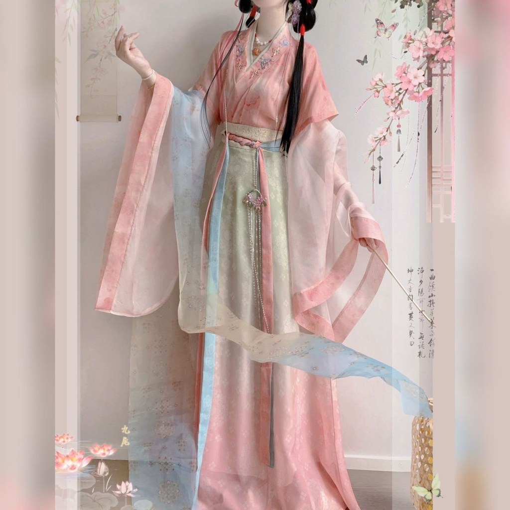 Hua Jinci < Qingchi Summer > Wei Jin Style Gradient Wide Sleeve Cross Collar ปักคอผ้าม่านเอวยาวชุดกร