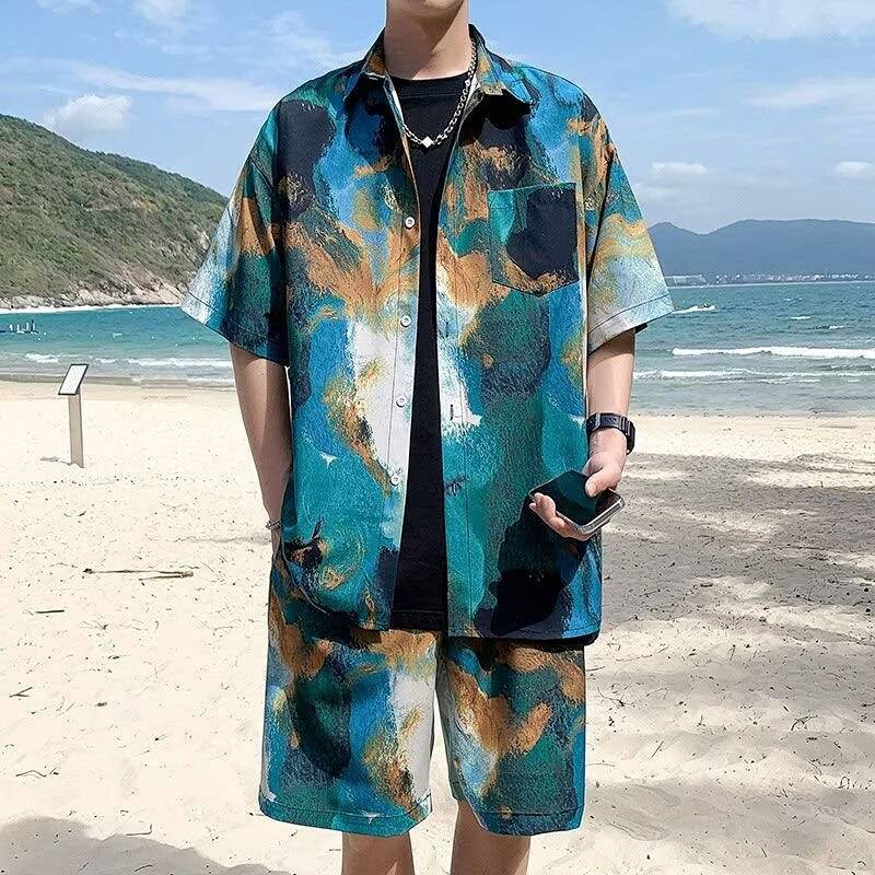 Men's Summer Thin Loose Short Sleeve Floral Shirt Hawaiian Couple Beachwear Suit OltB
