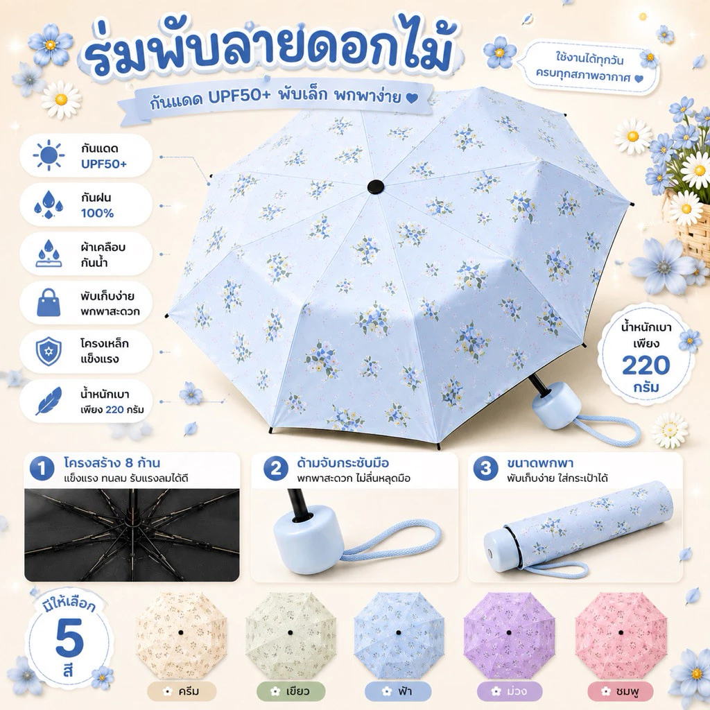 ร่มพับลายดอกไม้ 8 ก้าน กันแดด UPF50+ กันฝน 100% ร่มพกพา น้ำหนักเบา ร่มพับขนาดเล็ก ร่มผู้หญิง