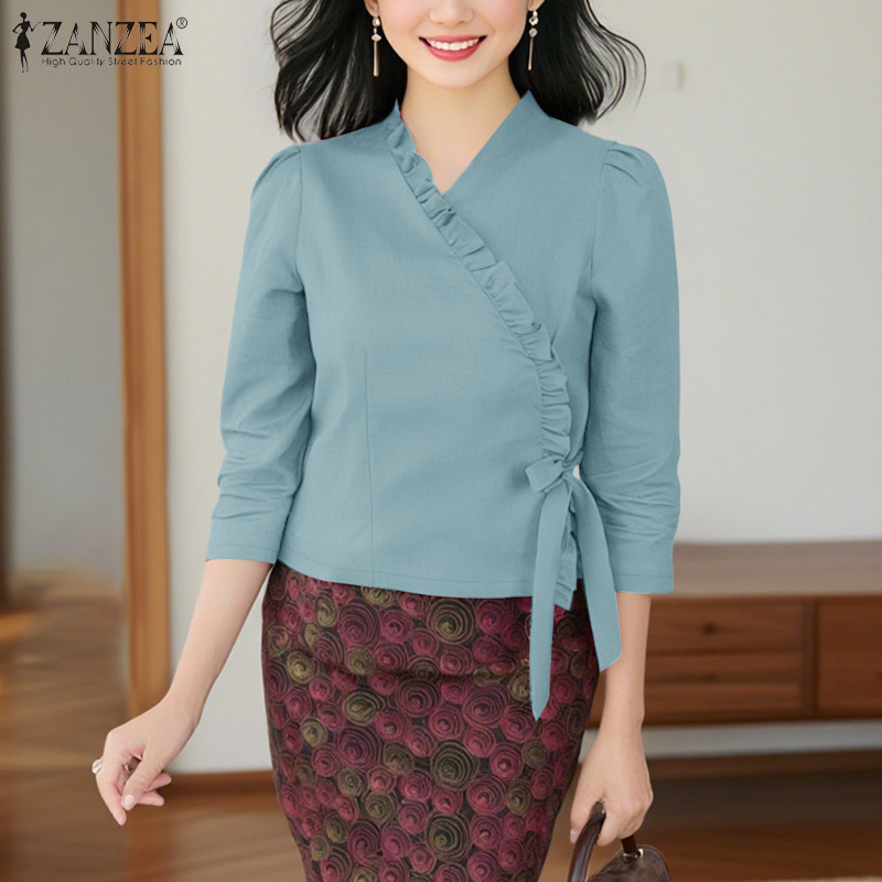ZANZEA เสื้อเบลาส์แฟชั่นสตรี สีทึบ คอวี แขน 3/4 ขอบระบายและสายคาด — صورة 5